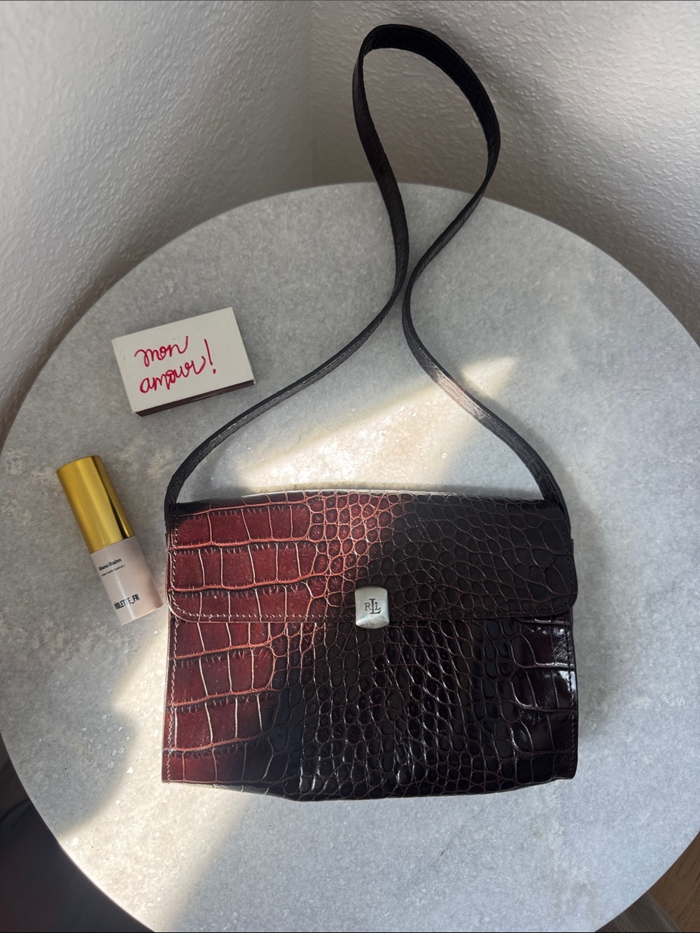 Petite Ralph Lauren Black Croc-Embossed Shoulder Bag